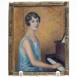 Susan Moulton, Portrait Miniature of Woman & Piano