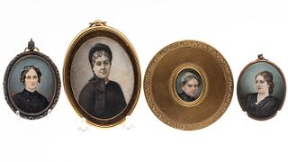 Four Portrait Miniatures of Women in Bonnets, 19th C