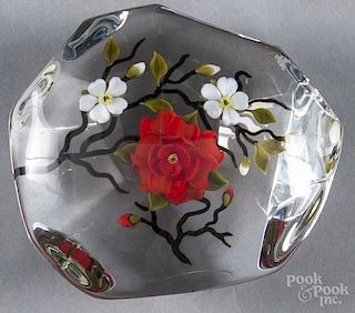 Victor Trabucco multi-faceted studio art glass paperweight decorated with red and white wild roses