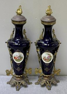 Pair of Sevres Style Cobalt Porcelain Urns.