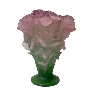 Large Daum Pate de Verre Glass Cabbage Roses Vase
