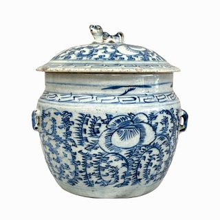 Antique Chinese Blue & White Lotus Covered Jar
