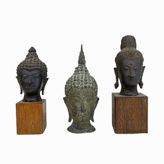 Lot Of 3 Thai Tibetan Bronze Buddha Head Busts