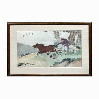 Chinese Watercolor On Paper Of Man Catching Horse