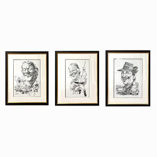 3 Artist Signed Caricature Art Prints Framed