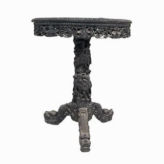 Antique Chinese Ebony Marble Top Dragons Table