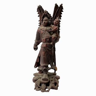 Vtg Chinese Wooden Bone Inlay Warrior Sculpture