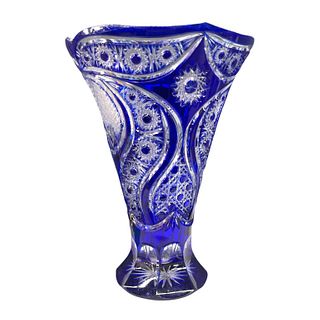 Fine Bohemian Cobalt Cut To Clear Glass Vase