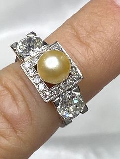 Art Deco Platinum Natural Pearl and Diamond Ring