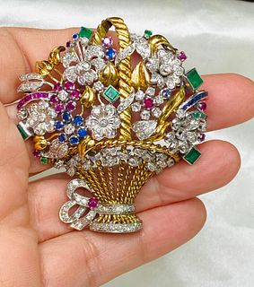 18K Platinum Diamond Ruby Sapphire Emerald Brooch