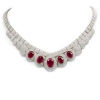 18K White Gold Ruby & Diamond Necklace