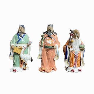Set of 3 Chinese Macao Pottery Enameled Star Gods
