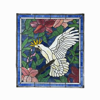 Vintage Stained Glass Window Panel Of Parrot
