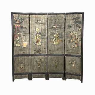 Chinese Stone Inlaid Wooden 4 Panel Room Screen