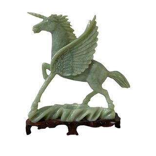Chinese Carved Green Jade Winged Unicorn Sculpture