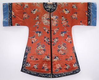 Chinese Qing Dynasty Orange Silk Floral Bat Robe