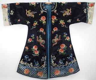Chinese Qing Dynasty Blue Silk Floral Robe