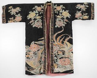 Chinese Qing Dynasty Black Noire Silk Floral Robe