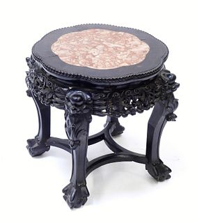 Chinese Carved Wood & Marble Side Table