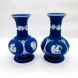 Pair Of Wedgwood Cobalt Blue Jasperware Gourd/Bud Vases