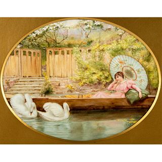 Vintage Ceramic Wall Plaque, Woman With Swans