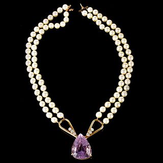 Kunzite, Diamond, Pearl and 18K Necklace