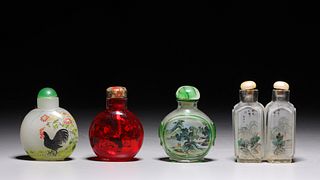 4 Chinese Incised Painted Glass Snuff Bottles