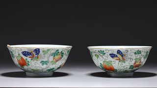 2 Chinese Enameled Porcelain Butterfly & Melon Bowls