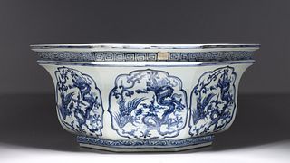 Large Chinese Ming Style Blue & White Porcelain Basin