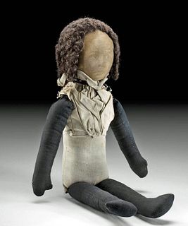 19th C. African American Doll Printed Face Human Hair