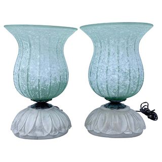 Murano Glass Table Lamps w/ Hand Carved Alabaster Bases