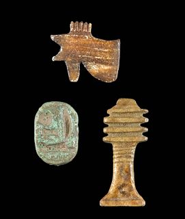 3 Egyptian Faience, Stone Pieces - Djed, Wadjet, Scarab
