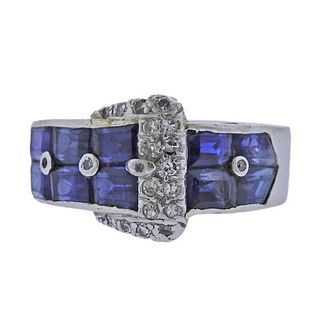 1930s Deco Platinum Diamond Sapphire Buckle Ring