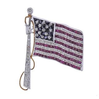 18k Gold Diamond Sapphire Ruby American Flag Brooch Pendant