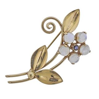 Tiffany &amp; Co Retro 14k Gold Moonstone Sapphire Flower Brooch