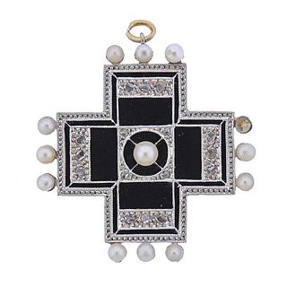 18K Gold Platinum Diamond Pearl Onyx Pendant
