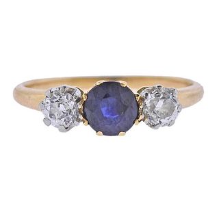 Antique 18k Gold Diamond Sapphire Engagement Ring