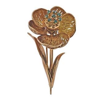 1960s 18k Gold Emerald Flower Brooch Pin