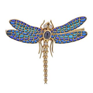 18k Gold Plique a Jour Spaphire Diamond Dragonfly Brooch