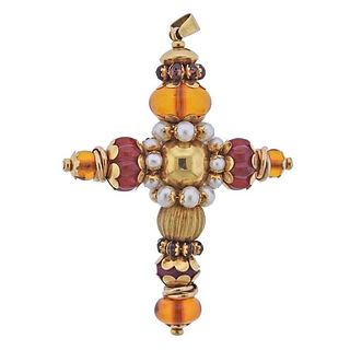 18k Gold Pearl Carnelian Amber Cross Pendant