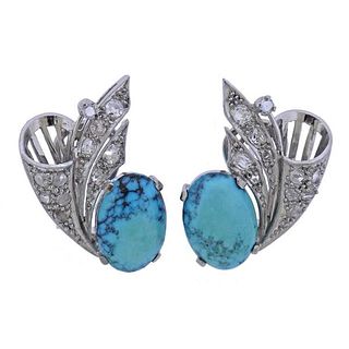 Midcentury 18k Gold Diamond Turquoise Earrings
