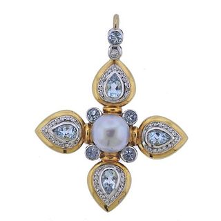 18k Gold Diamond Pearl Topaz Pendant 