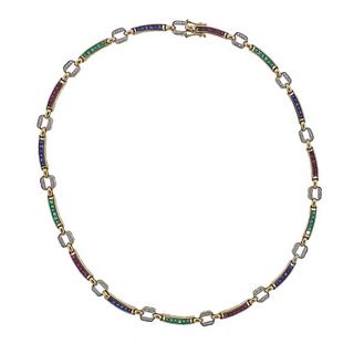 18k Gold Diamond Ruby Emerald Sapphire Necklace