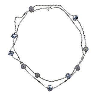 David Yurman Silver Zircon Pearl Long Necklace