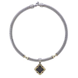 David Yurman Silver Gold Onyx Garnet Quatrefoil Pendant Necklace