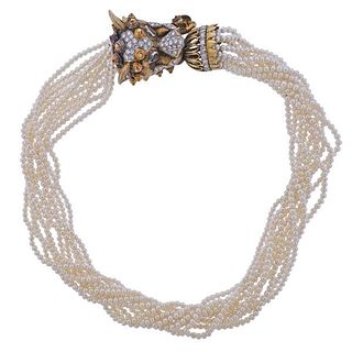 14K Gold Diamond Ruby Emerald Pearl Dragon Necklace 