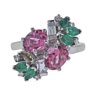 French 18k Gold Diamond Tourmaline Emerald Ring