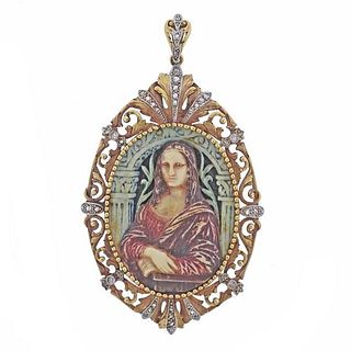 Antique Gold Platinum Diamond Resin Mona Lisa Portrait Pendant 
