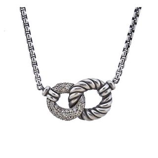 David Yurman Silver Diamond Pendant Box Chain Necklace 