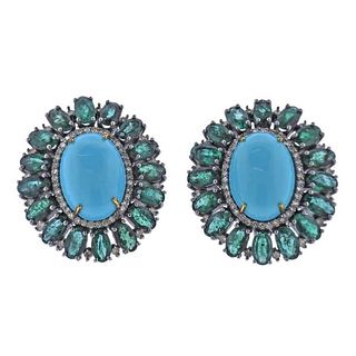 Silver 14k Gold Diamond Turquoise Emerald Earrings